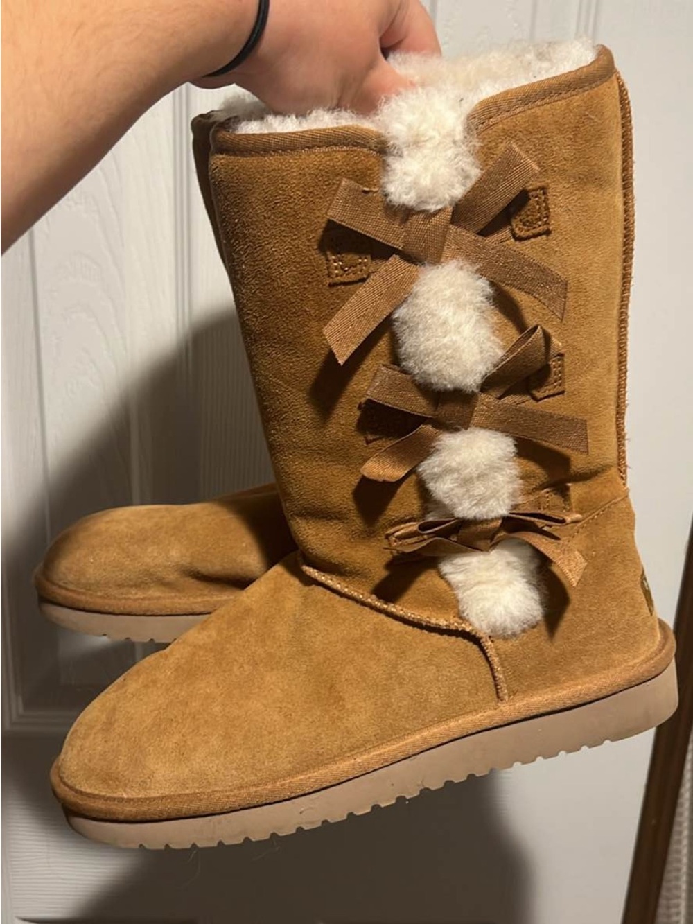 Koolaburra Chestnut Suede Shearling Boots with Back Bow Detail